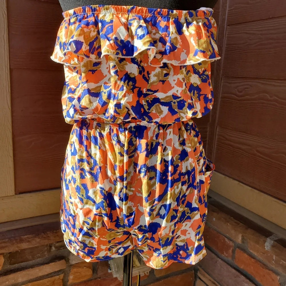 Papaya Women's Graphic Print Coral Blue Cream Strapless Romper Size Small - Picture 6 of 16